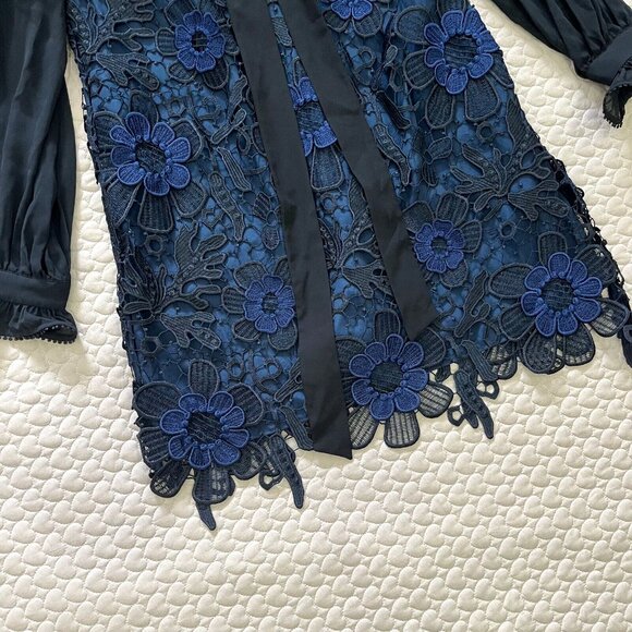 NWT Self Portrait Navy 3D Cold Shoulder Floral Guipure LACE Mini Dress Sz 8 - Picture 8 of 14